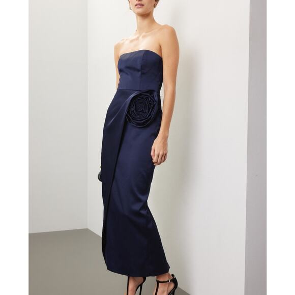 Ronny Kobo Pradova Dress Strapless Navy Blue Rosette Maxi Satin Formal Gown Sz S